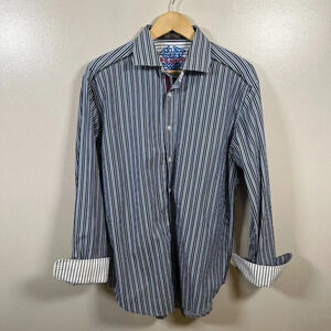Robert Graham Flip Cuff Button Up Shirt Mens Size Large Stripes Blue Career Work